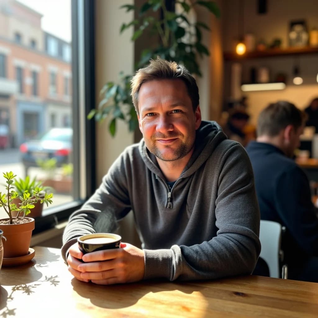 Paul Cobley seated at a café table